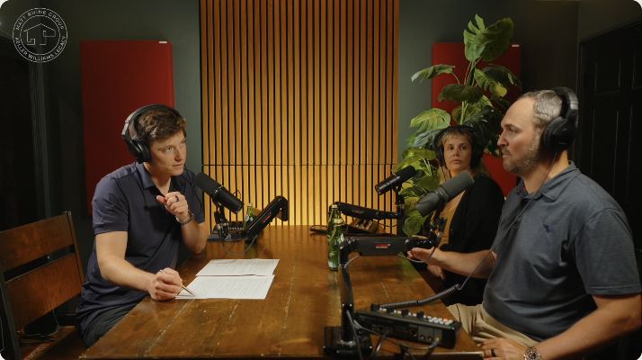 Matt Rhine with Matt and Carley Cooper recording a podcast conversation