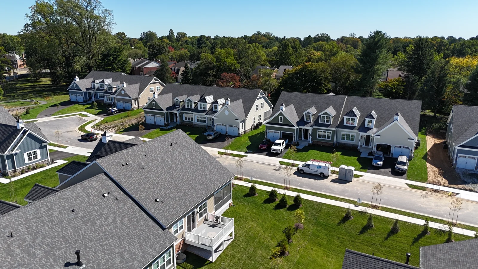 Aerial perspective across carriage homes in the Woodbrook community