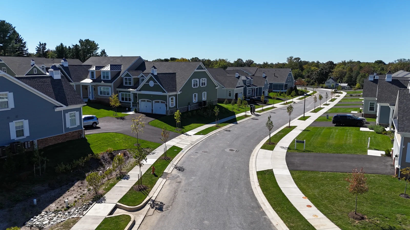 Aerial view along Villabrook Way with carriage homes and sidewalks