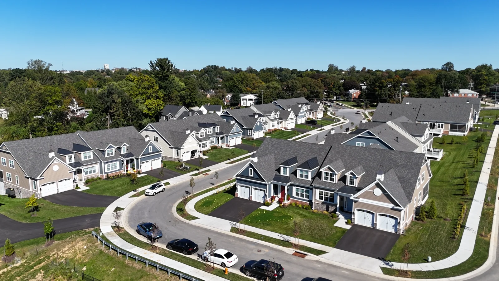 Wide aerial view across the Villas at Woodbrook carriage homes