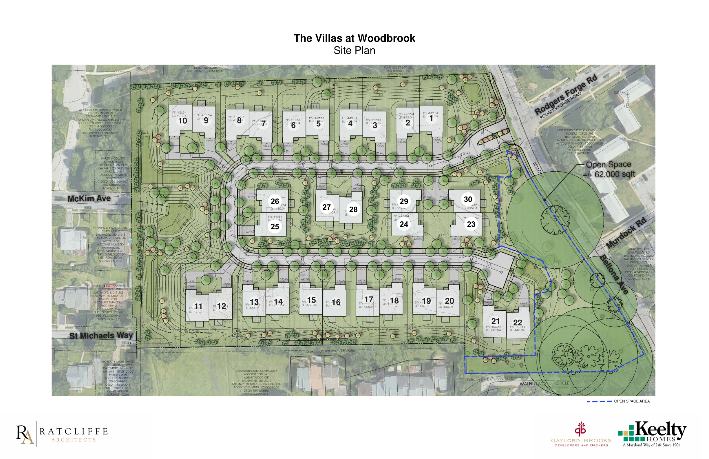 Complete original Woodbrook site plan showing all 30 numbered lots and community boundaries; gold markers identify the four available homes